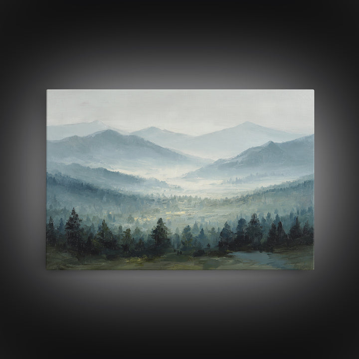 Moody Mountain Landscape for a Cozy Lounge Framed Canvas Print, Basement Art, Original Art Prints, Living Room Decor, Retreat, BAS-3x2-79