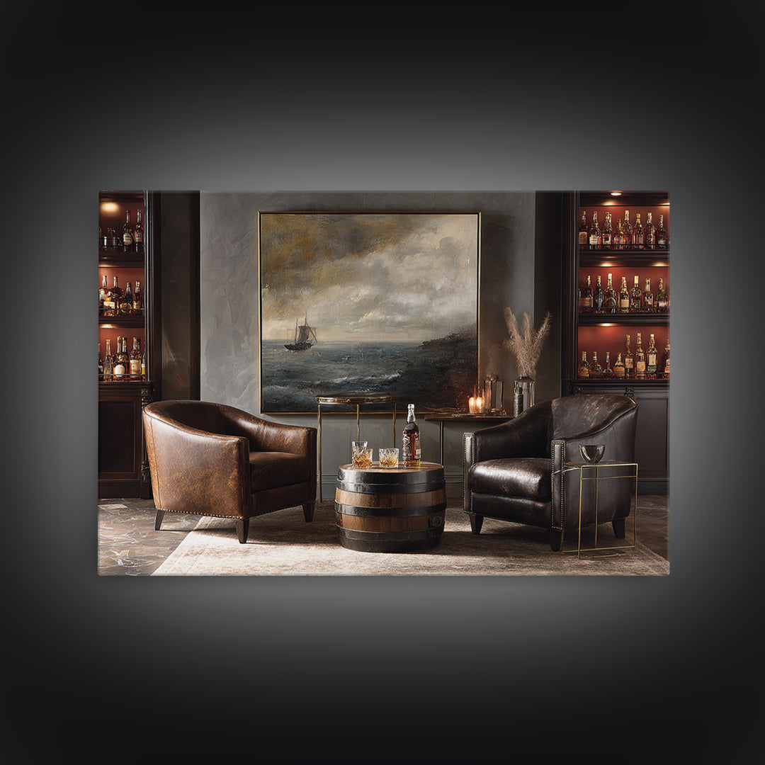 Whiskey Barrel and Leather Chair Mood Painting Framed Canvas Print, Basement Art, Man Cave Decor, Living Room Decor, Retreat, BAS-3x2-86