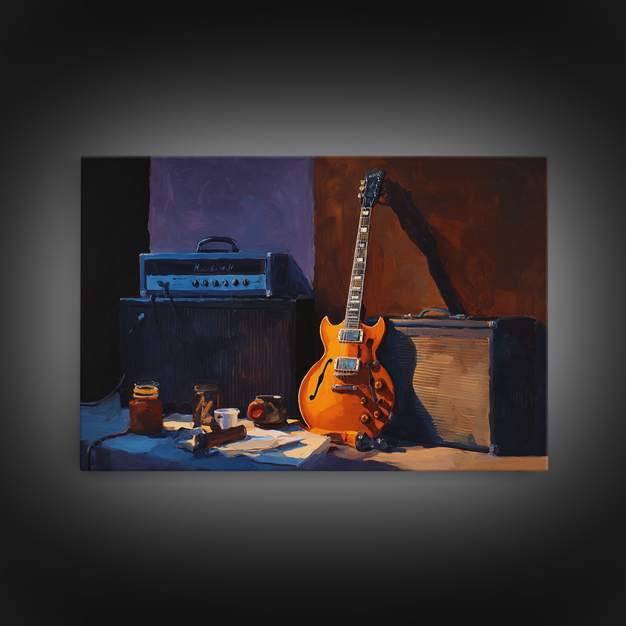 Classic Rock Guitar Still Life Framed Canvas Print, Basement Art, Custom Wall Art, Living Room Decor, Fine Art, Retreat, BAS-3x2-9