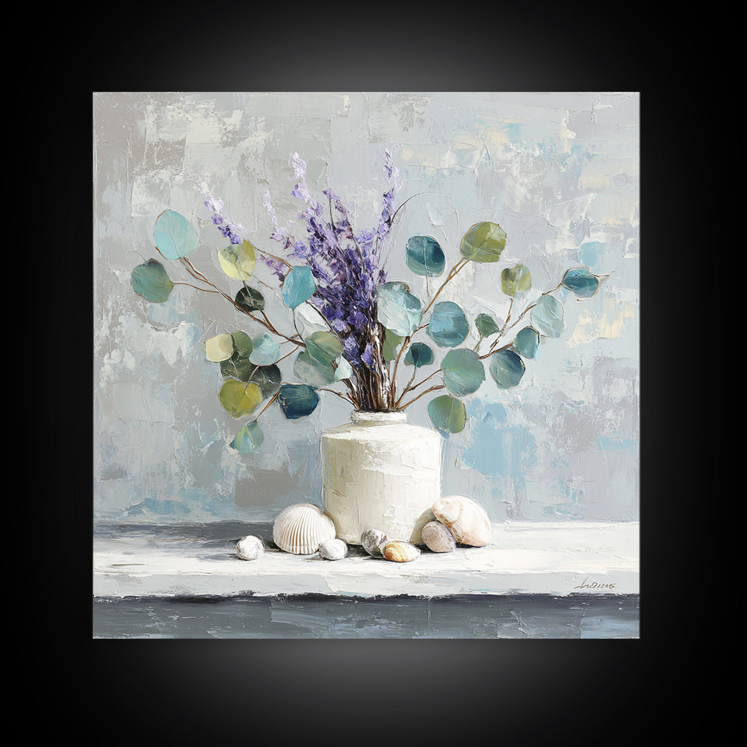 Lavender Sprigs in a Ceramic Vase Framed Canvas Print, Bathroom Art, Digital Art, Bathroom Decor, Fine Art, Spa, Dopamine Decor, BAT-1x1-12