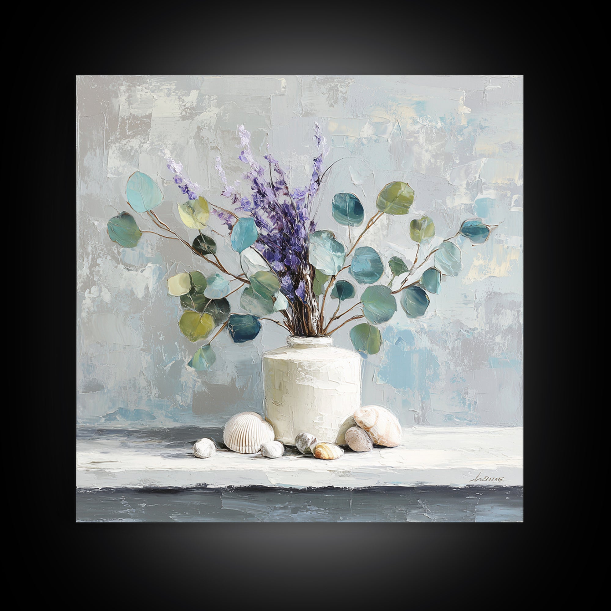 Lavender Sprigs in a Ceramic Vase Framed Canvas Print, Bathroom Art, Digital Art, Bathroom Decor, Fine Art, Spa, Dopamine Decor, BAT-1x1-12