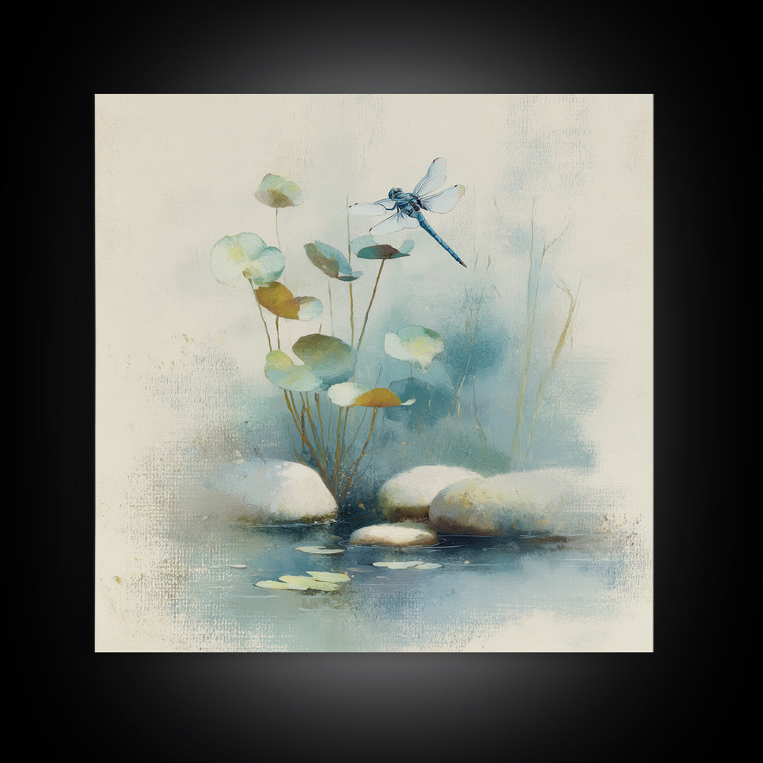 Delicate Dragonfly Above a Pond Surface Framed Canvas Print, Bathroom Art, Modern Art, Bathroom Decor, Fine Art, Spa, BAT-1x1-24