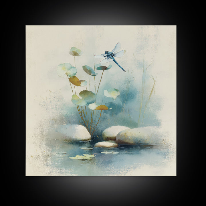 Delicate Dragonfly Above a Pond Surface Framed Canvas Print, Bathroom Art, Modern Art, Bathroom Decor, Fine Art, Spa, BAT-1x1-24