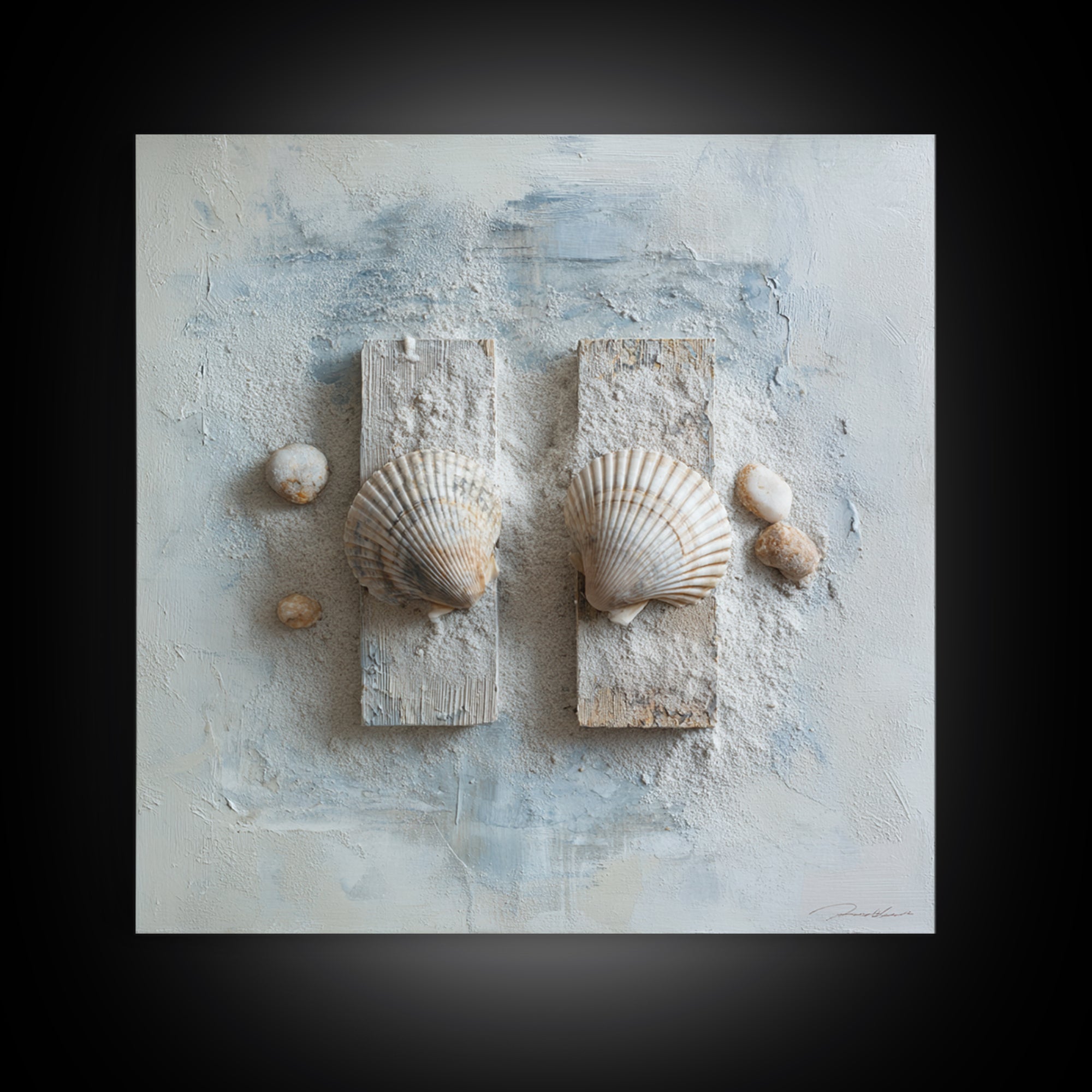 Minimal Seashell Still Life on Pale Sand Framed Canvas Print, Bathroom Art, Canvas Wall Art, Bathroom Decor, Fine Art, Spa, BAT-1x1-27