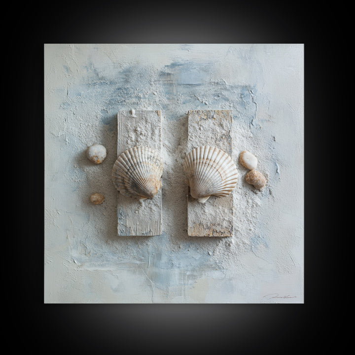 Minimal Seashell Still Life on Pale Sand Framed Canvas Print, Bathroom Art, Canvas Wall Art, Bathroom Decor, Fine Art, Spa, BAT-1x1-27