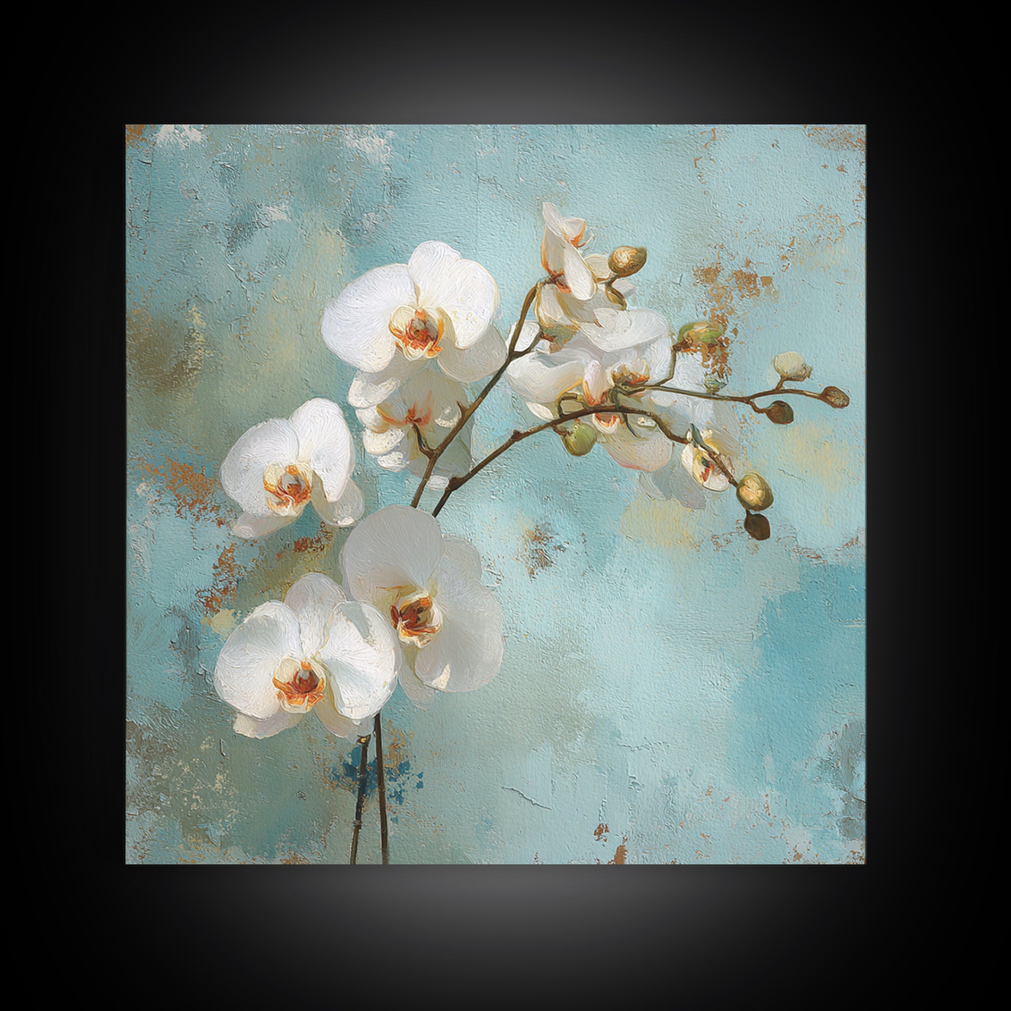White Orchid on Warm Stone Background Framed Canvas Print, Bathroom Art, Bathroom Decor, Oil Painting, Spa, Modern Wall Art, BAT-1x1-28