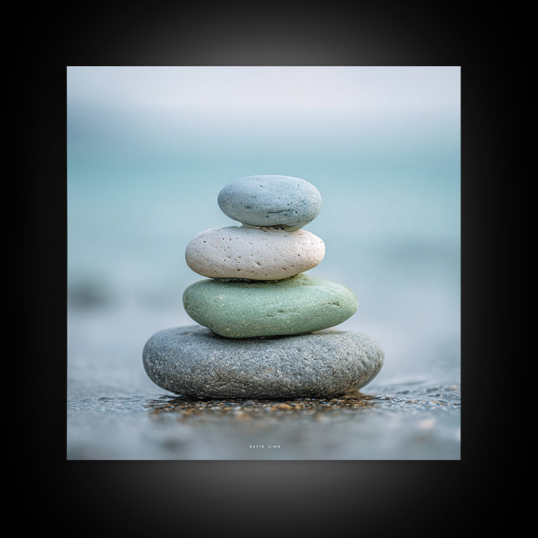 Monochrome Pebble Stack Framed Canvas Print, Bathroom Art, Bathroom Art Decor, Bathroom Decor, Oil Painting, Spa, Boho Decor, BAT-1x1-37