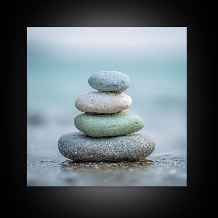 Monochrome Pebble Stack Framed Canvas Print, Bathroom Art, Bathroom Art Decor, Bathroom Decor, Oil Painting, Spa, Boho Decor, BAT-1x1-37