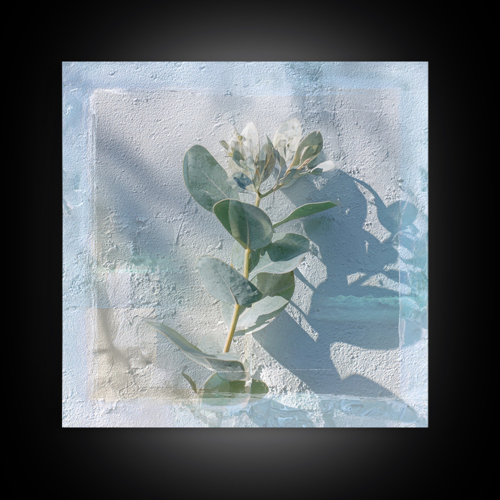 Sunlit Window Plant Shadow on Plaster Framed Canvas Print, Bathroom Art, Unique Wall Art, Bathroom Decor, Abstract Art, Spa, BAT-1x1-42