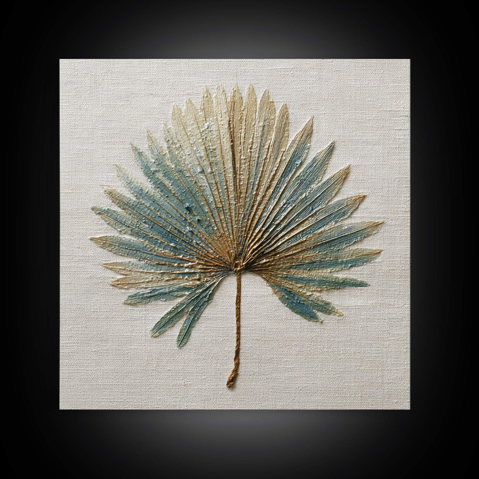 Simple Palm Frond on Off White Linen Framed Canvas Print, Bathroom Art, Dog Portrait, Bathroom Decor, Spa, Minimalist Wall Art, BAT-1x1-47