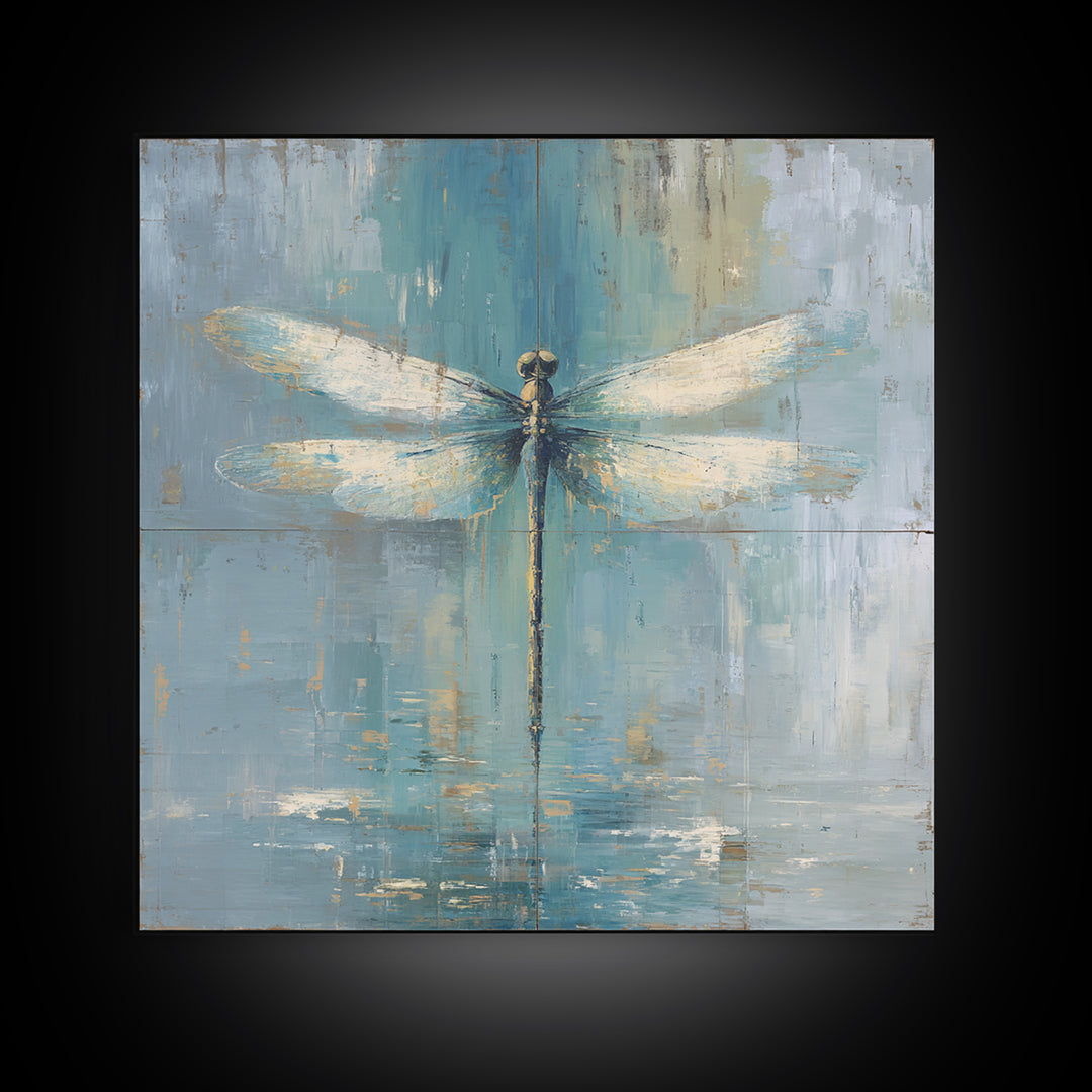 Delicate Dragonfly Above a Pond Surface Framed Canvas Print, Bathroom Art, Home Decor, Bathroom Decor, Fine Art, Spa, BAT-1x1-48