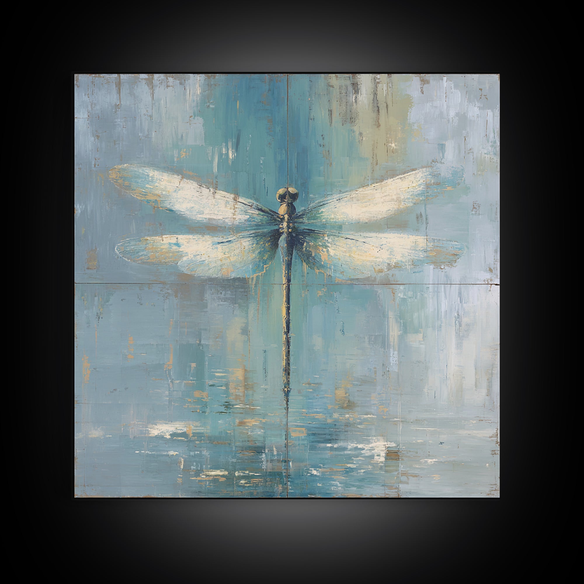 Delicate Dragonfly Above a Pond Surface Framed Canvas Print, Bathroom Art, Home Decor, Bathroom Decor, Fine Art, Spa, BAT-1x1-48