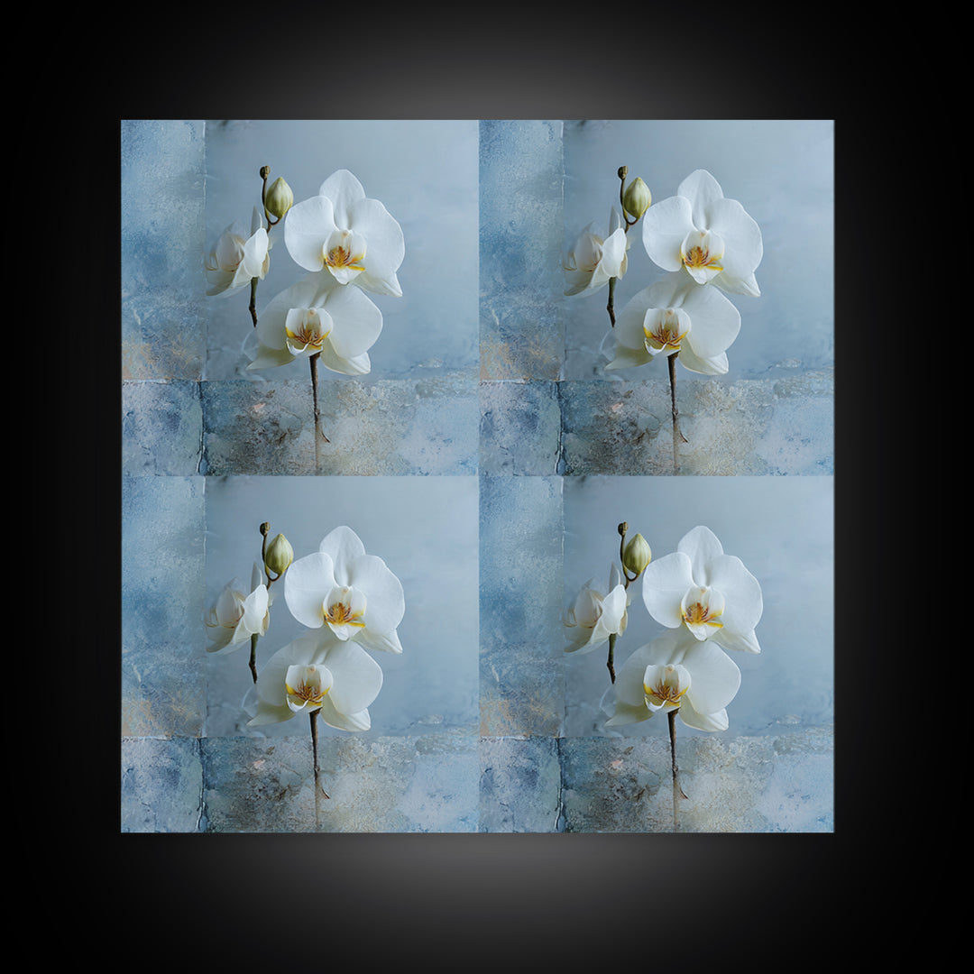 White Orchid on Warm Stone Background Framed Canvas Print, Bathroom Art, Unique Wall Art, Bathroom Decor, Fine Art, Spa, BAT-1x1-52