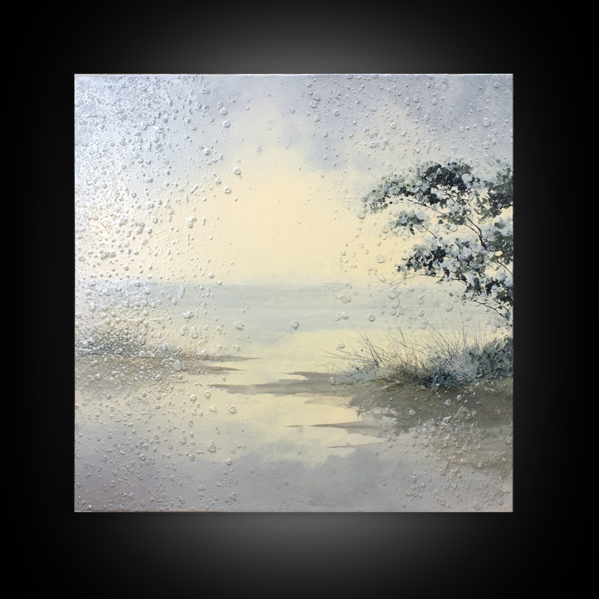 Misty Lake Scene Framed Canvas Print, Bathroom Art, Trendy Wall Art, Bathroom Decor, Fine Art, Spa, Textured Painting, BAT-1x1-57