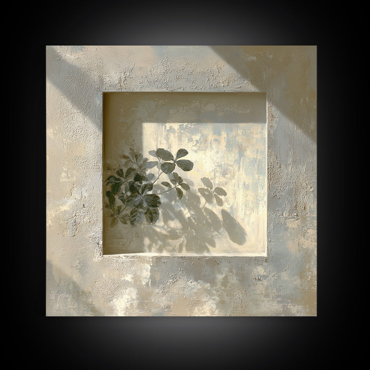 Sunlit Window Plant Shadow on Plaster Framed Canvas Print, Bathroom Art, Unique Wall Art, Bathroom Decor, Abstract Art, Spa, BAT-1x1-66