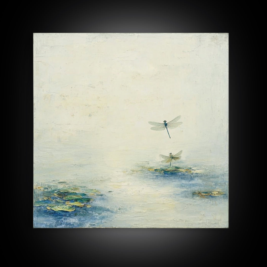 Delicate Dragonfly Above a Pond Surface Framed Canvas Print, Bathroom Art, Bathroom Art Decor, Bathroom Decor, Fine Art, Spa, BAT-1x1-72