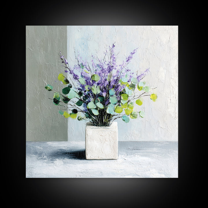 Lavender Sprigs in a Ceramic Vase Framed Canvas Print, Bathroom Art, Bathroom Wallpaper, Bathroom Decor, Abstract Art, Spa, BAT-1x1-84