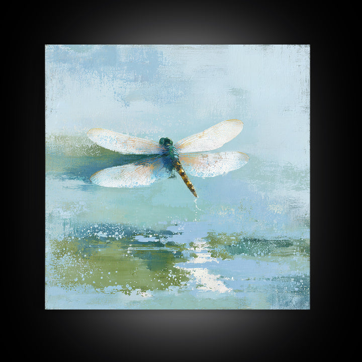 Delicate Dragonfly Above a Pond Surface Framed Canvas Print, Bathroom Art, Poster, Bathroom Decor, Fine Art, Spa, Digital Print, BAT-1x1-96