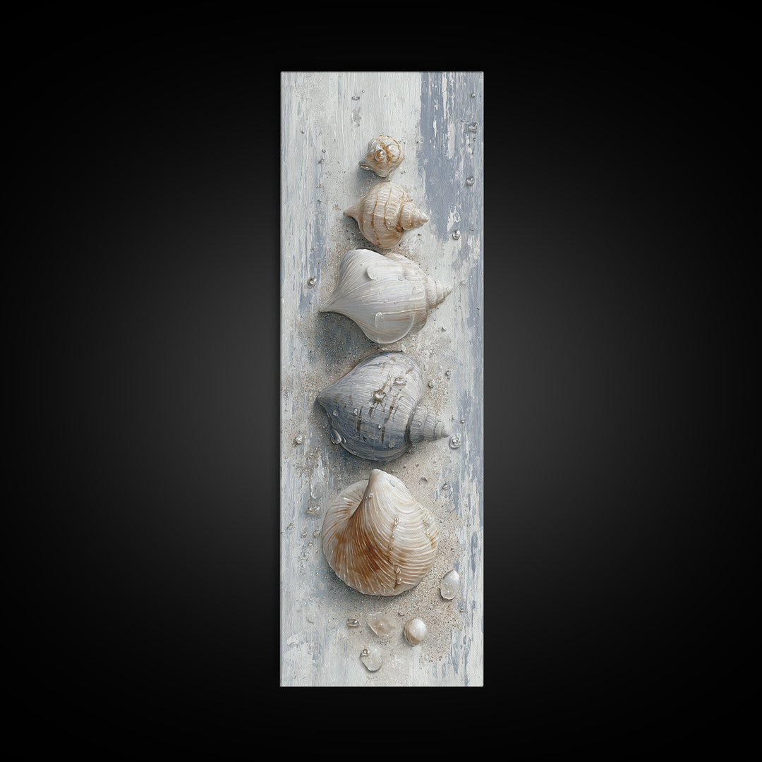 Minimal Seashell Still Life on Pale Sand Framed Canvas Print, Bathroom Art, Statement Artwork, Bathroom Decor, Abstract Art, BAT-1x3-15