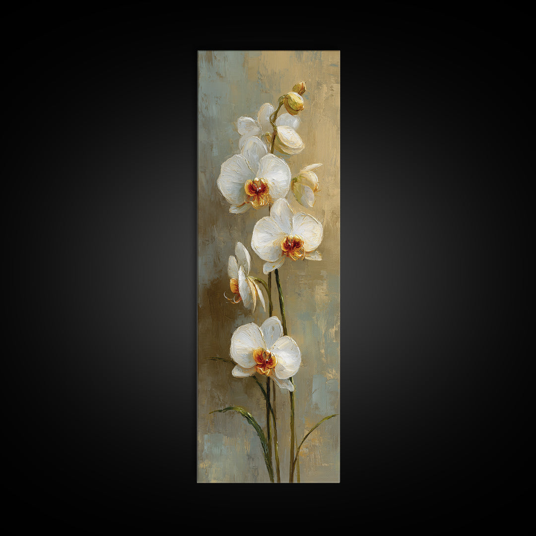 White Orchid on Warm Stone Background Framed Canvas Print, Bathroom Art, Home Decor, Bathroom Decor, Spa, Canvas Wall Art, BAT-1x3-64