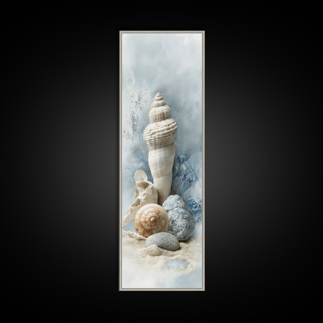 Minimal Seashell Still Life on Pale Sand Framed Canvas Print, Bathroom Art, Canvas Wall Art, Bathroom Decor, Fine Art, Spa, BAT-1x3-87