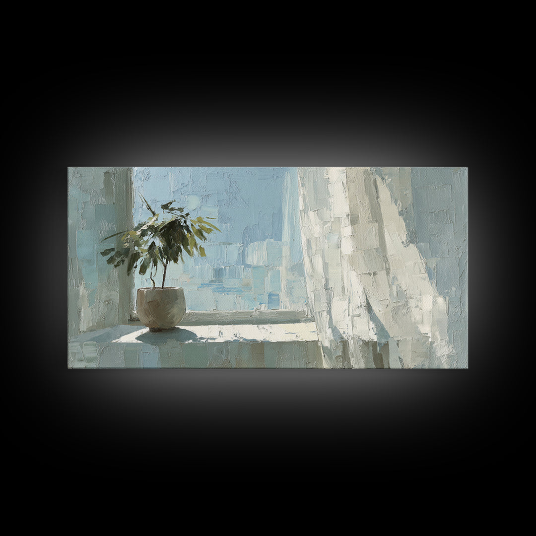 Sunlit Window Plant Shadow on Plaster Framed Canvas Print, Bathroom Art, Bathroom Print, Bathroom Decor, Watercolor Art, Spa, BAT-2x1-14