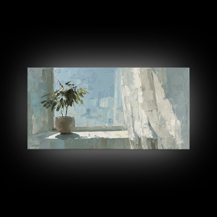 Sunlit Window Plant Shadow on Plaster Framed Canvas Print, Bathroom Art, Bathroom Print, Bathroom Decor, Watercolor Art, Spa, BAT-2x1-14