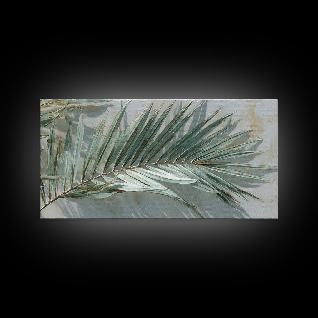 Simple Palm Frond on Off White Linen Framed Canvas Print, Bathroom Art, Bathroom Art Decor, Bathroom Decor, Abstract Art, Spa, BAT-2x1-19