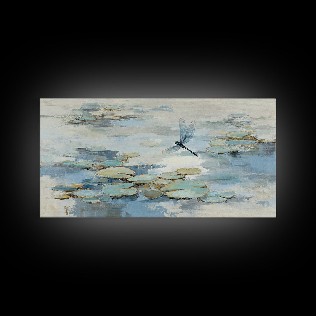 Delicate Dragonfly Above a Pond Surface Framed Canvas Print, Bathroom Art, Fine Art Print, Bathroom Decor, Fine Art, Spa, BAT-2x1-20