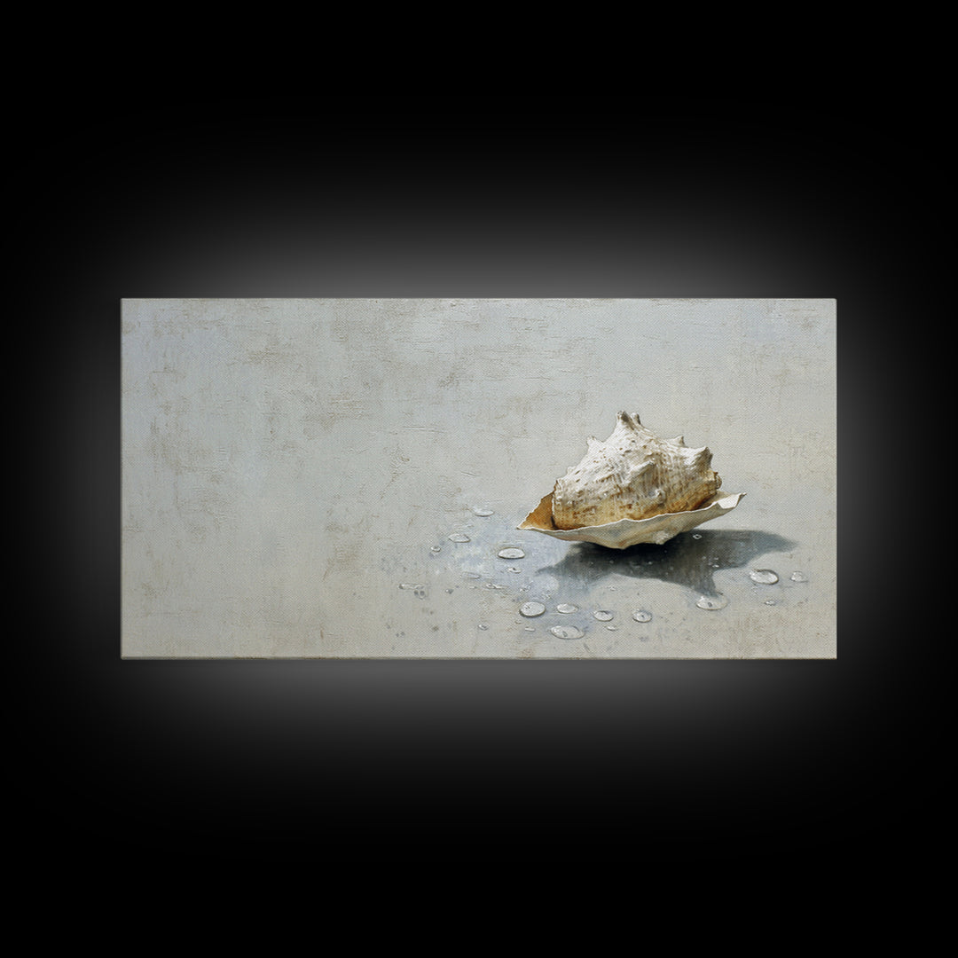 Minimal Seashell Still Life on Pale Sand Framed Canvas Print, Bathroom Art, Digital Art, Bathroom Decor, Watercolor Art, Spa, BAT-2x1-23