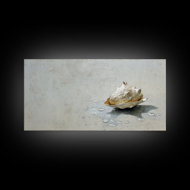 Minimal Seashell Still Life on Pale Sand Framed Canvas Print, Bathroom Art, Digital Art, Bathroom Decor, Watercolor Art, Spa, BAT-2x1-23
