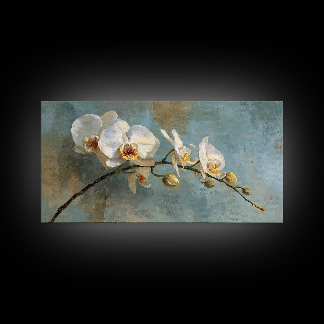 White Orchid on Warm Stone Background Framed Canvas Print, Bathroom Art, Textured Painting, Bathroom Decor, Fine Art, Spa, BAT-2x1-24