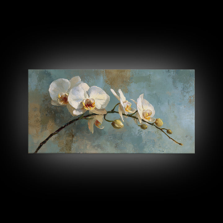 White Orchid on Warm Stone Background Framed Canvas Print, Bathroom Art, Textured Painting, Bathroom Decor, Fine Art, Spa, BAT-2x1-24