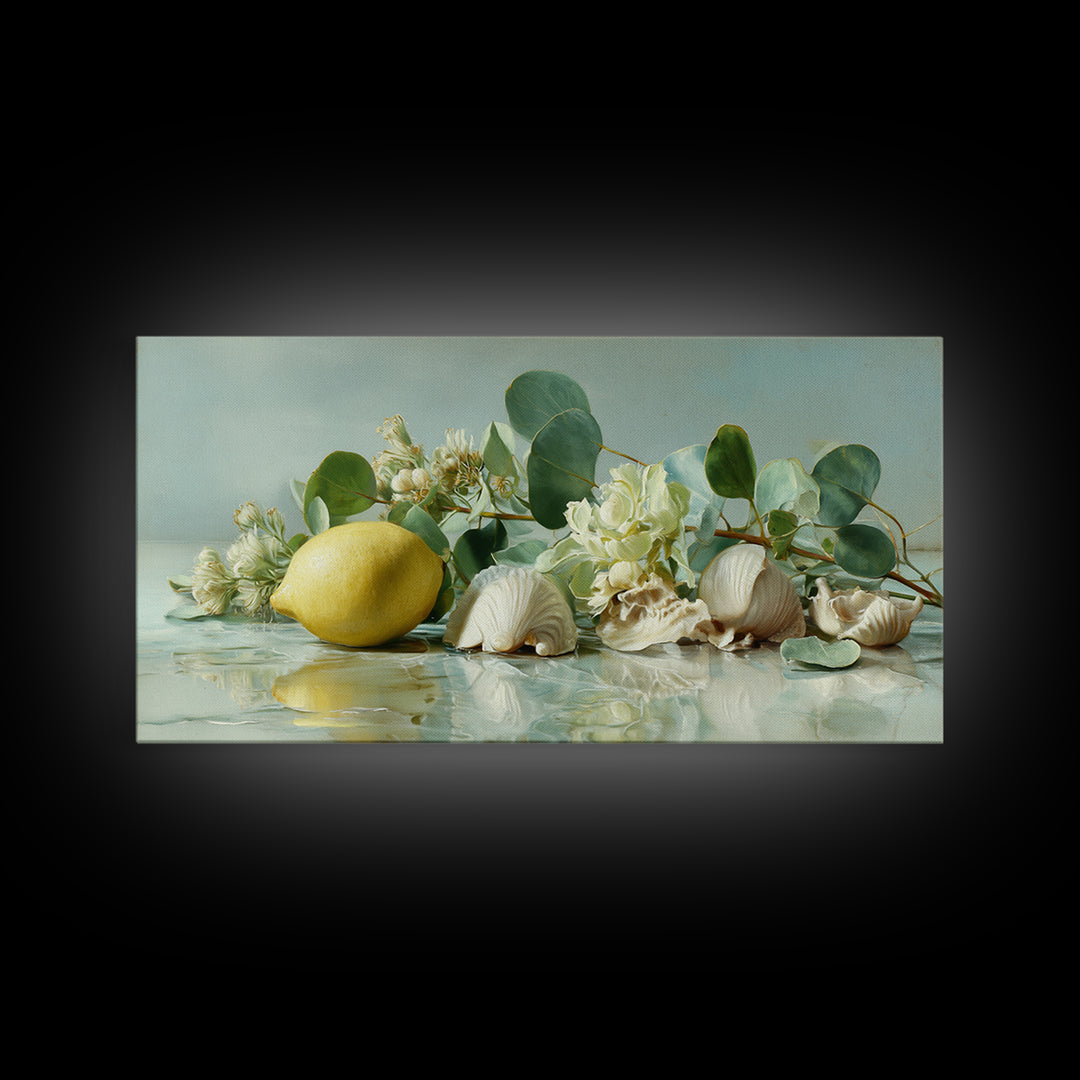 Lemon and Botanical Still Life Canvas Print, Bathroom Art, Neutral Decor, Bathroom Decor, Fine Art, Spa, Wall Art, Home Decor, BAT-2x1-26