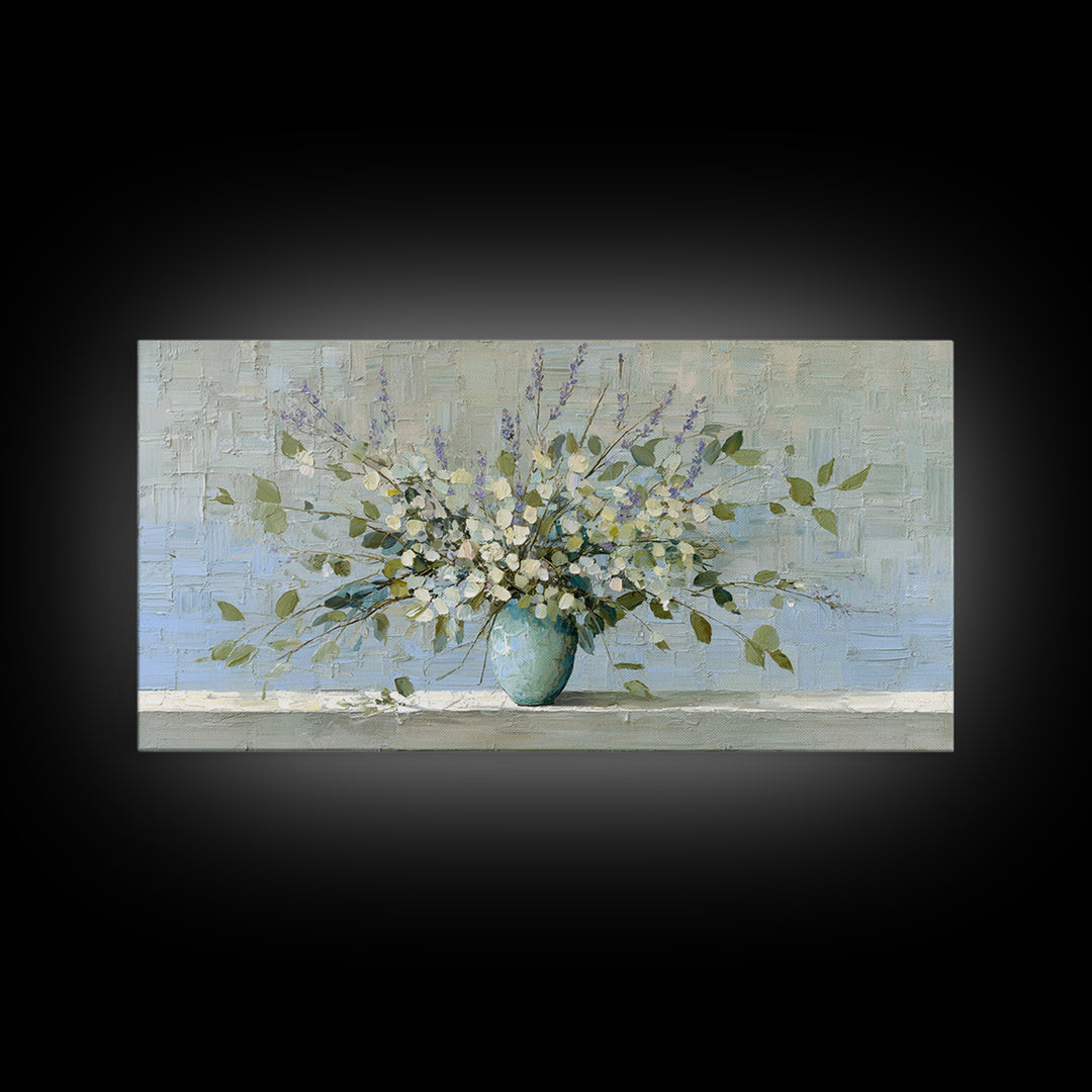 Lavender Sprigs in a Ceramic Vase Canvas Print, Bathroom Art, Minimalist Decor, Bathroom Decor, Oil Painting, Spa, Wall Hanging, BAT-2x1-32