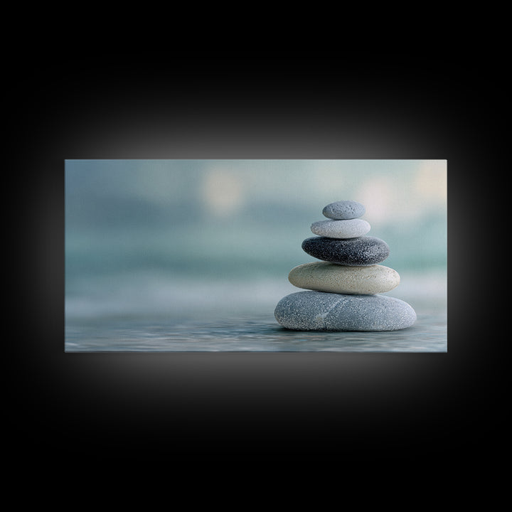 Monochrome Pebble Stack Framed Canvas Print, Bathroom Art, Statement Artwork, Bathroom Decor, Fine Art, Spa, Digital Art, BAT-2x1-33
