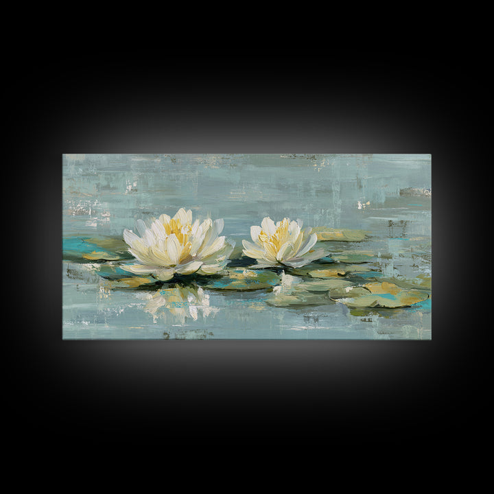 Lotus Flower Floating on Calm Water Framed Canvas Print, Bathroom Art, Wall Art, Bathroom Decor, Fine Art, Spa, Dog Portrait, BAT-2x1-40