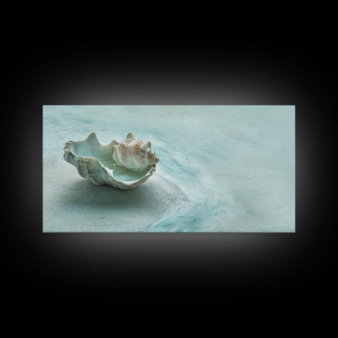 Minimal Seashell Still Life on Pale Sand Canvas Print, Bathroom Art, Bathroom Wall Art, Bathroom Decor, Oil Painting, Spa, BAT-2x1-47