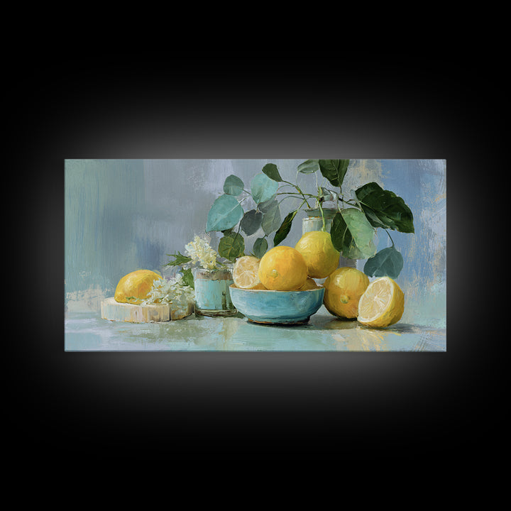 Lemon and Botanical Still Life Framed Canvas Print, Bathroom Art, Luxury Decor, Bathroom Decor, Oil Painting, Spa, BAT-2x1-50