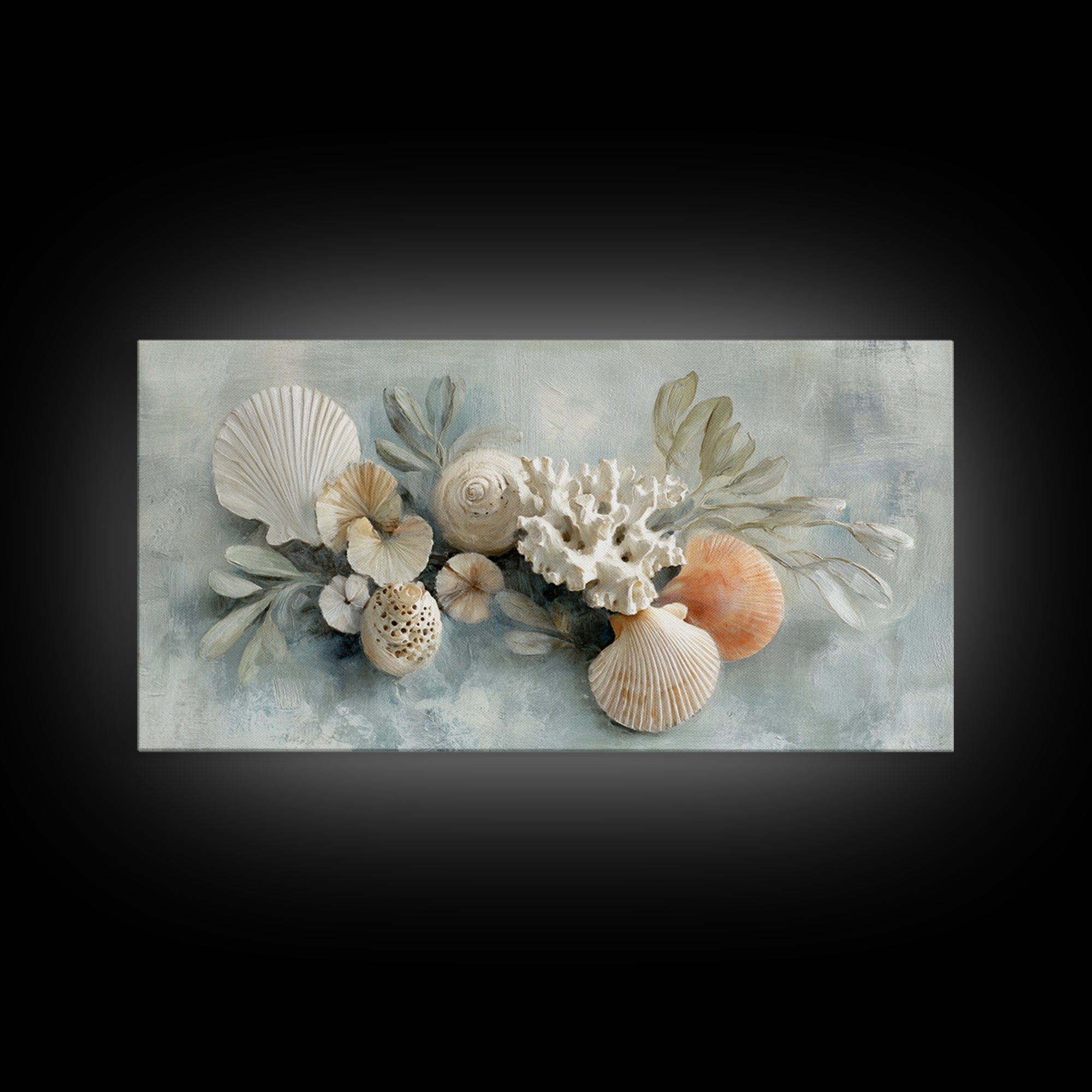 Coral and Shell Arrangement Framed Canvas Print, Bathroom Art, Wall Hanging, Bathroom Decor, Fine Art, Spa, Modern Art, BAT-2x1-55