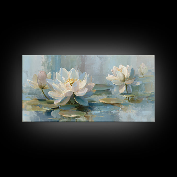 Lotus Flower Floating on Calm Water Canvas Print, Bathroom Art, Digital Wall Art, Bathroom Decor, Oil Painting, Spa, BAT-2x1-64