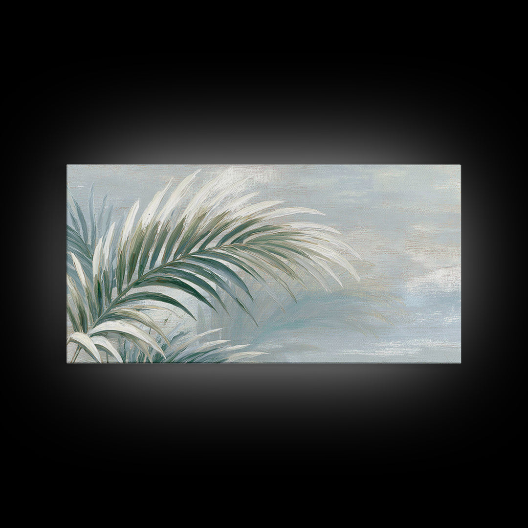 Simple Palm Frond on Off White Linen Framed Canvas Print, Bathroom Art, Minimalist Wall Art, Bathroom Decor, Fine Art, Spa, BAT-2x1-67
