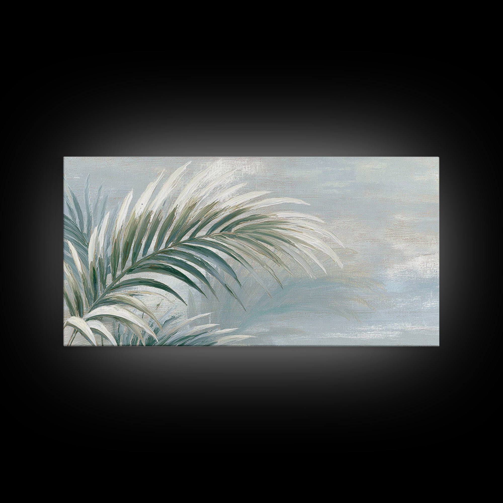 Simple Palm Frond on Off White Linen Framed Canvas Print, Bathroom Art, Minimalist Wall Art, Bathroom Decor, Fine Art, Spa, BAT-2x1-67