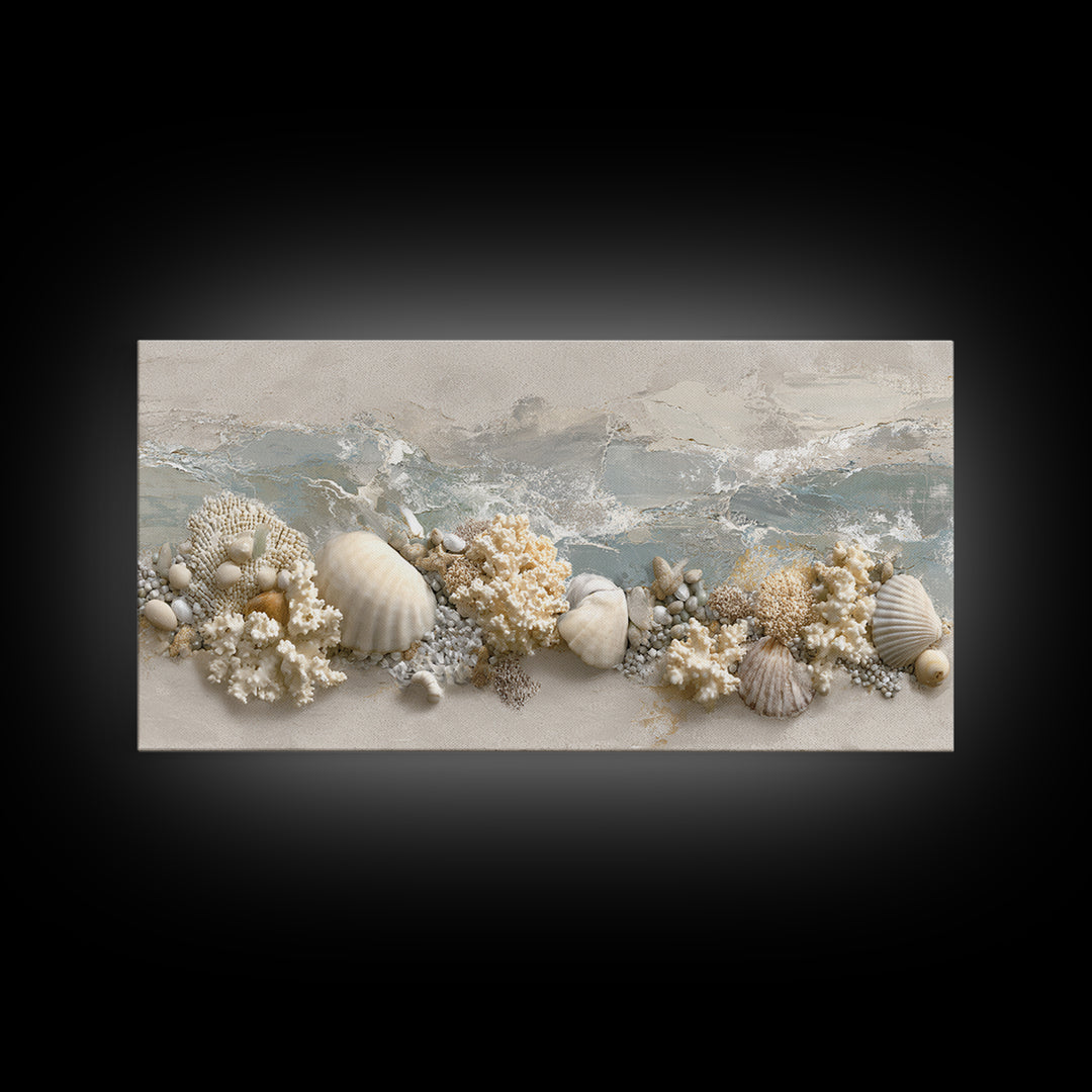 Coral and Shell Arrangement Framed Canvas Print, Bathroom Art, Contemporary Art, Bathroom Decor, Fine Art, Spa, Framed Wall Art, BAT-2x1-7