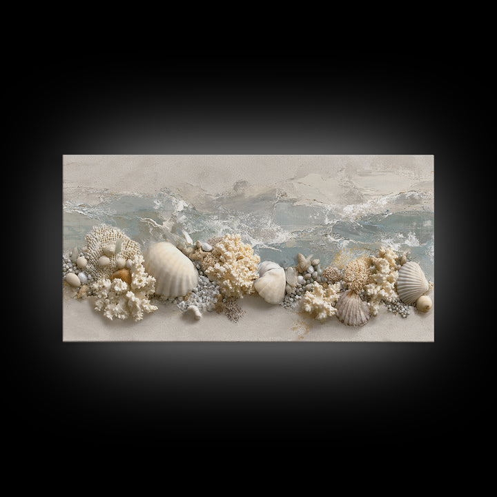 Coral and Shell Arrangement Framed Canvas Print, Bathroom Art, Contemporary Art, Bathroom Decor, Fine Art, Spa, Framed Wall Art, BAT-2x1-7