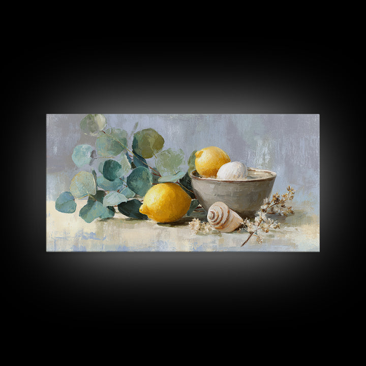 Lemon and Botanical Still Life Canvas Print, Bathroom Art, Bathroom Decor, Watercolor Art, Spa, Framed Wall Art, BAT-2x1-74