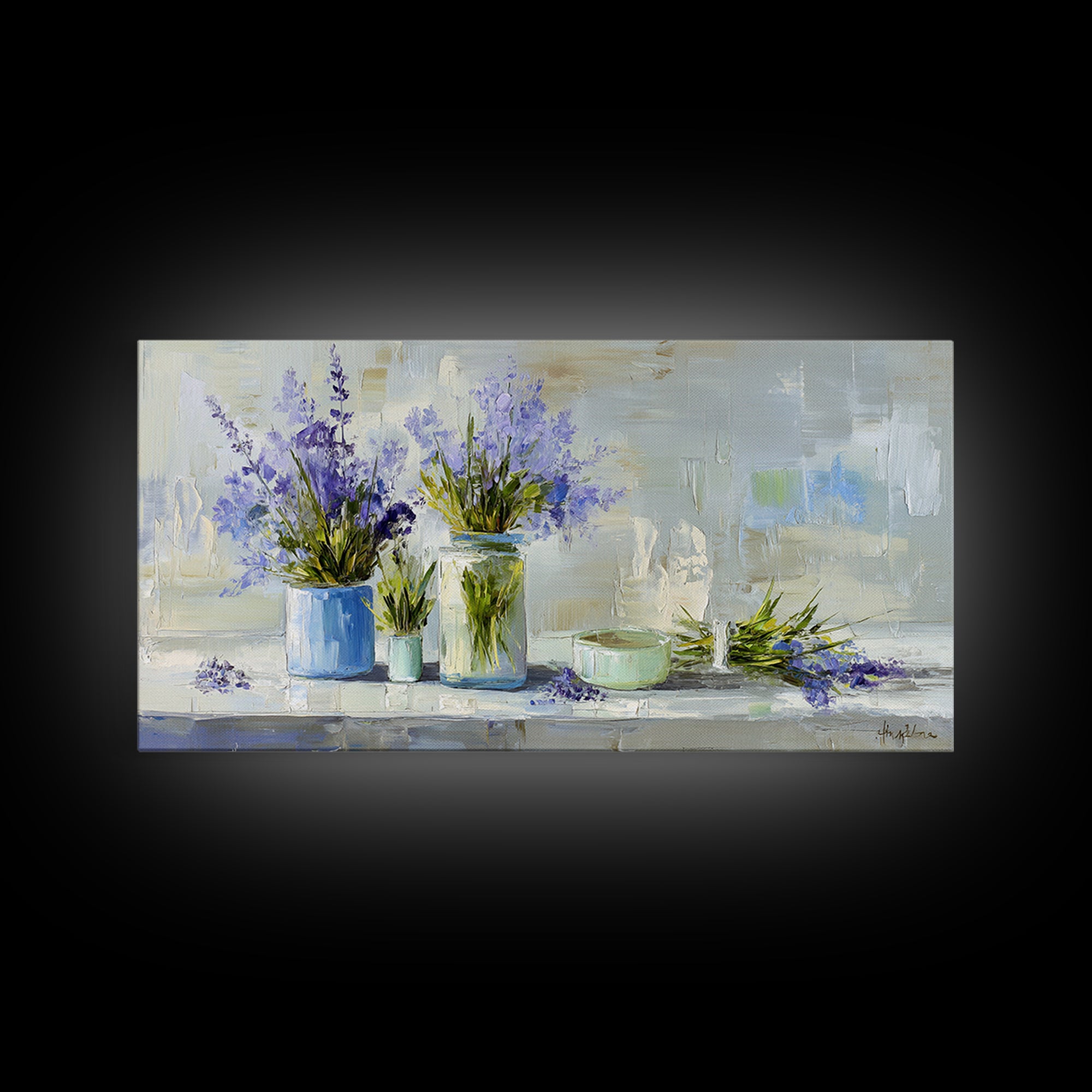 Lavender Sprigs in a Ceramic Vase Framed Canvas Print, Bathroom Art, Dopamine Decor, Bathroom Decor, Spa, Halloween Art, BAT-2x1-80