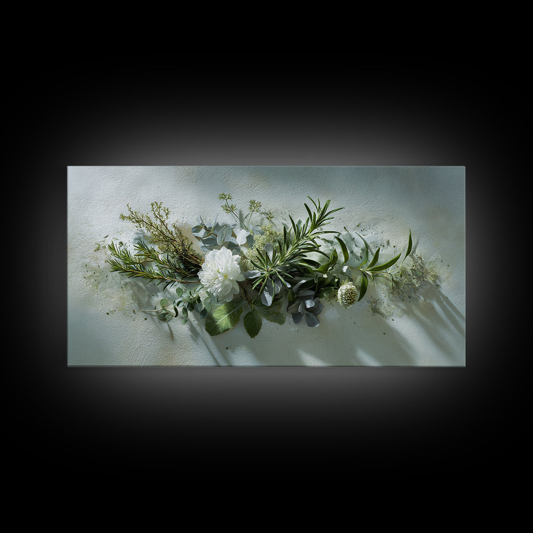 Botanical Bath Herb Arrangement Framed Canvas Print, Bathroom Art, Digital Art, Bathroom Decor, Fine Art, Spa, Dopamine Decor, BAT-2x1-85