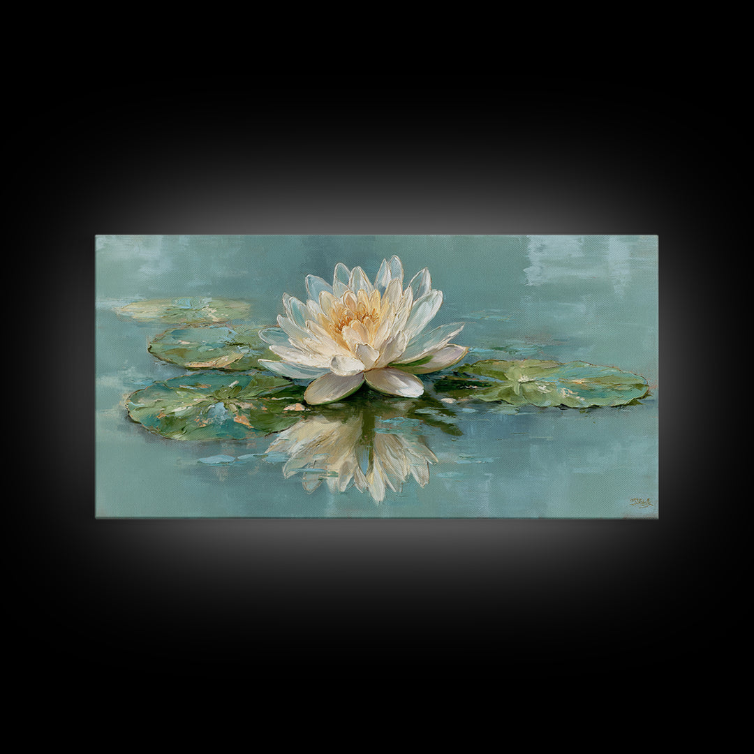 Lotus Flower Floating on Calm Water Framed Canvas Print, Bathroom Art, Framed Wall Art, Bathroom Decor, Watercolor Art, Spa, BAT-2x1-88