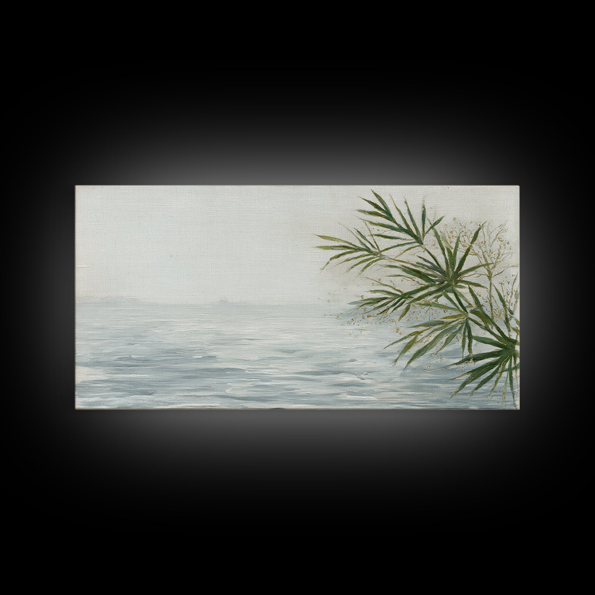Simple Palm Frond on Off White Linen Framed Canvas Print, Bathroom Art, Digital Art, Bathroom Decor, Abstract Art, Spa, BAT-2x1-91